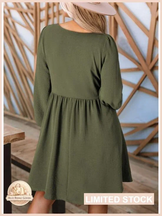 Long Sleeve Smocked Empire Waist A-Line Mini Dress Casual Elegant Chic - Picture 2 of 7